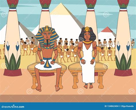 Pharaoh And Queen On Throne At Palace With Egyptian Pyramids Background