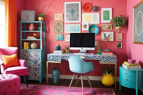 Premium Photo Vibrant And Eclectic Home Office With A Mix Of Patterns