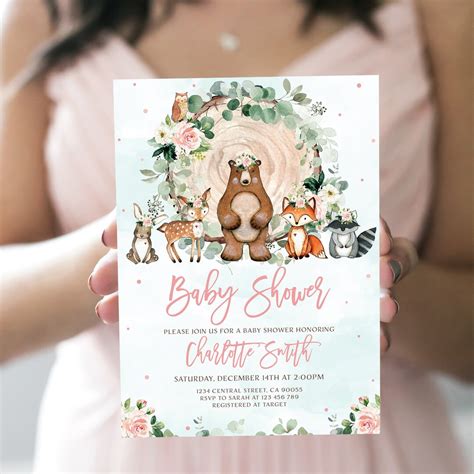 Girl Woodland Baby Shower Invitation, Floral Baby Shower, Forest ...