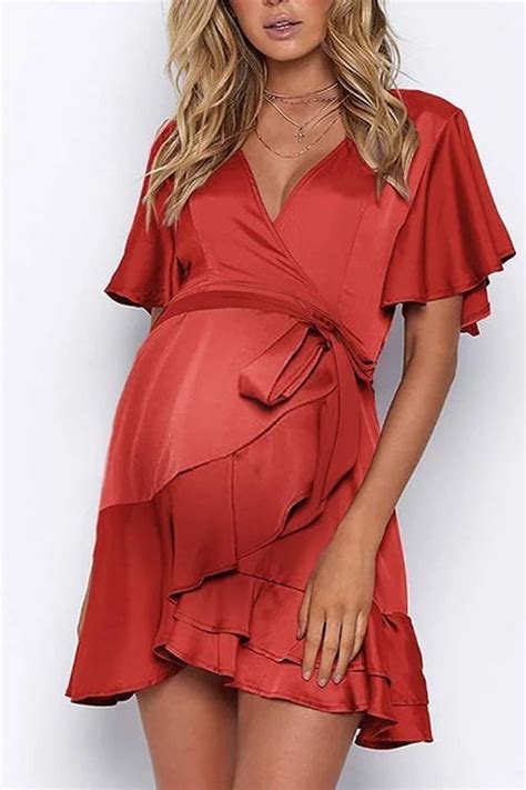 The Maternity Casual Deep V Neck Short Sleeve Pure Color Tight Dress