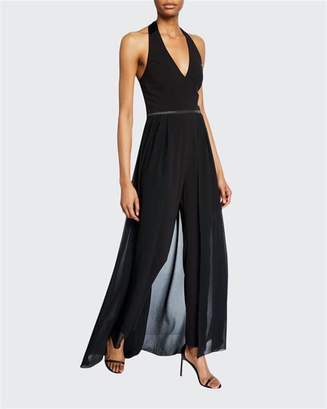 Halston Halter Neck Crepe Jumpsuit With Georgette Skirt Overlay