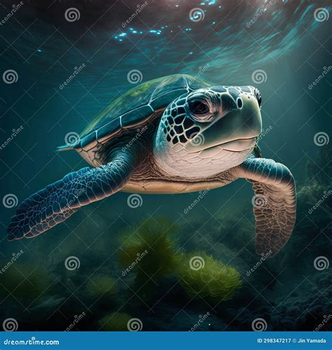 Green Sea Turtle Swimming In The Deep Blue Ocean 3d Illustration Stock