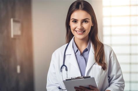 Premium Ai Image Portrait Of A Smiling Female Doctor In Her White