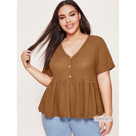 Awesome Plus Size Waffle Knit Button Peplum Blouse 31120 Shopee Philippines