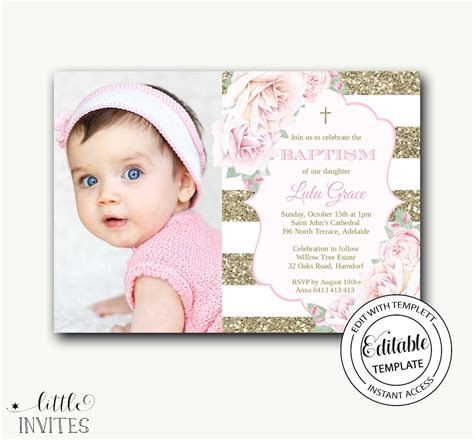 Baptism Invitation Girl Photo Baptism Invitation Instant Download Pink Gold Glitter Floral