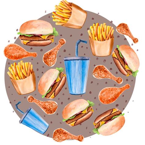 Watercolor Illustration With Hamburger French Fries And A Drink On A