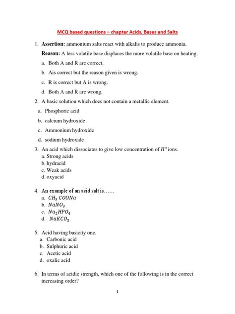 Mcq Based Questions Grade 10 Acids Bases And Salts Pdf Acid