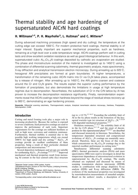 PDF Thermal Stability And Age Hardening Of Supersaturated AlCrN Hard