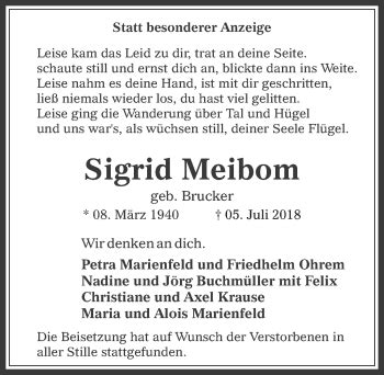 Traueranzeigen Von Sigrid Meibom Wirtrauern