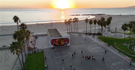 Aerial View Of Sunset Over Venice Beach Basketball Court Free Stock