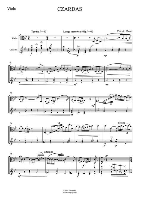 Csárdás Easy Intermediate Level Monti Viola Sheet Music