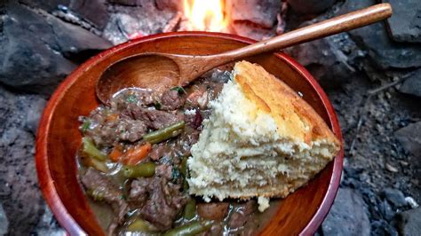 Primitive Cooking Campfire Beef Stew Corn Bread Recipe Survival