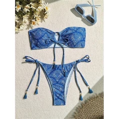 NEW Bandeau String Bikini Blue Paisley Strapless Tie Side Tassel Cheeky Sexy S EBay