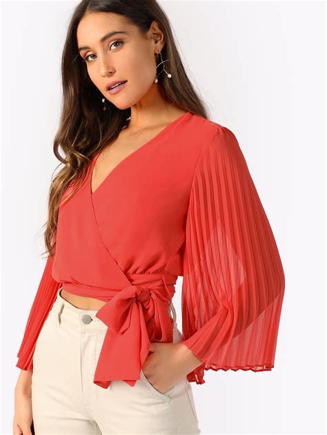 Pleated Sleeve Surplice Knot Blouse Knotted Blouse Pleated Sleeves