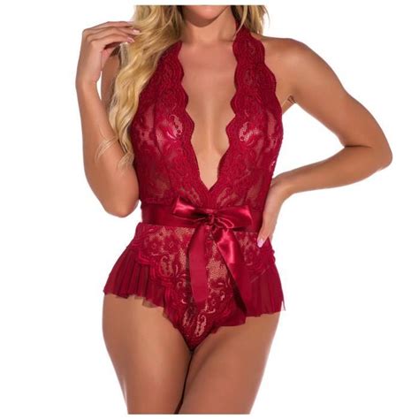Mode féminine Lingerie Sexy Col en V Halter Dentelle Solide Lingerie Sexy BraRompers rouge