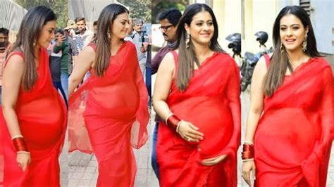 Heavily Pregnant Kajol Devgan Flaunting Her HUge Baby Bump In Red Saree