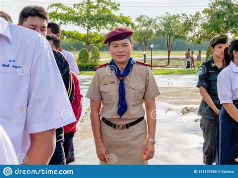 Thai Scout Teacher in Master Scout Uniform Control Student Lining Up in ...