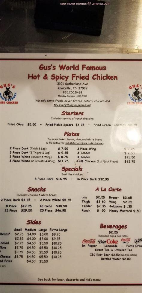 Menu at Gus's World Famous Fried Chicken restaurant, Knoxville