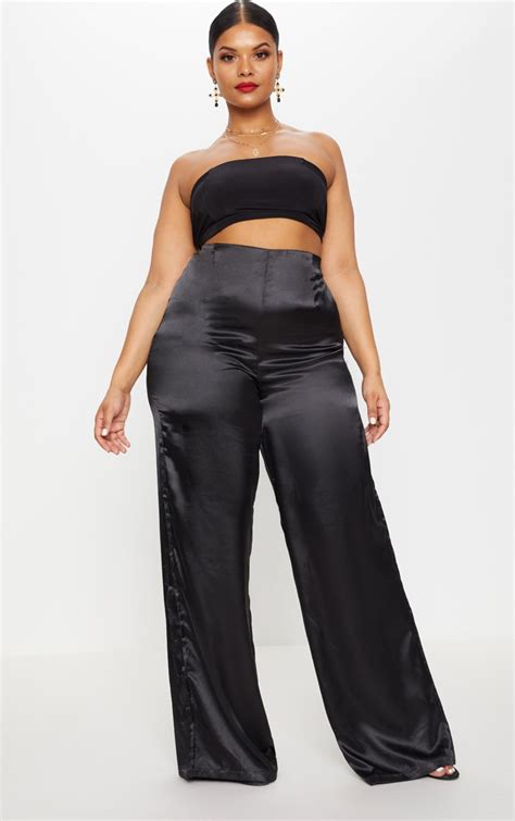 Plus Black Satin Wide Leg Trousers Prettylittlething