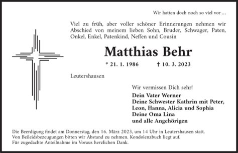 Traueranzeigen Von Matthias Behr Trauer Flz De