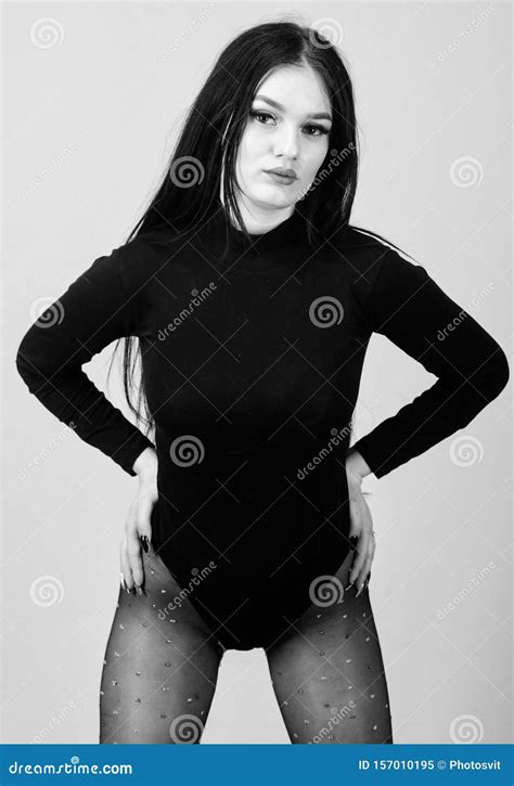 Woman Attractive Brunette Posing In Tights Lady Feeling Awesome Proud Of Body Stock Image