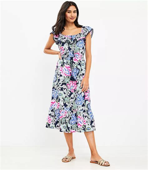 Floral Ruffle Square Neck Midi Dress