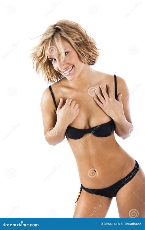 Belle Femme Sexy Dans Le Bikini Sur Le Fond Blanc Photo Stock Image Du Magnifique Lingerie