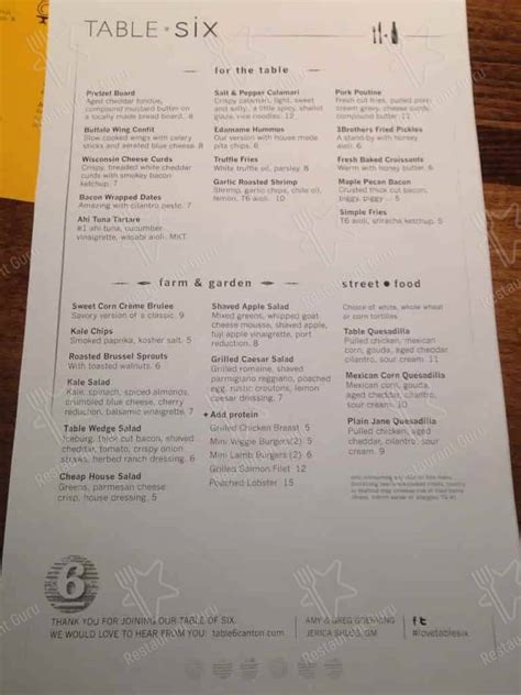 Menu at Table Six Kitchen + Bar, North Canton
