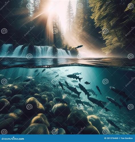 A School Of Salmon Fish Goes To Spawn Generative Ai Stock Photo