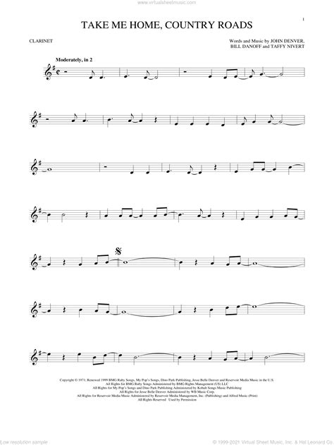 Take Me Home Country Roads Clarinet Sheet Music Fiddle Music Sheet