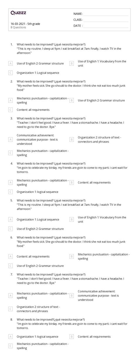 Grammar And Mechanics Worksheets For Th Grade On Quizizz Free