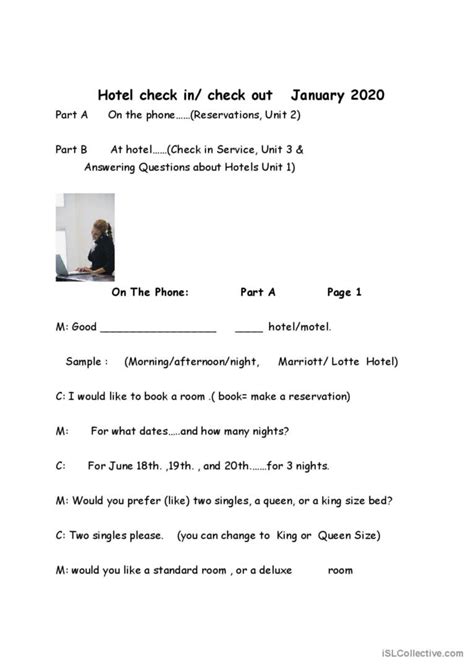 Hotel Procedures Check In Check Ou English Esl Worksheets Pdf Doc