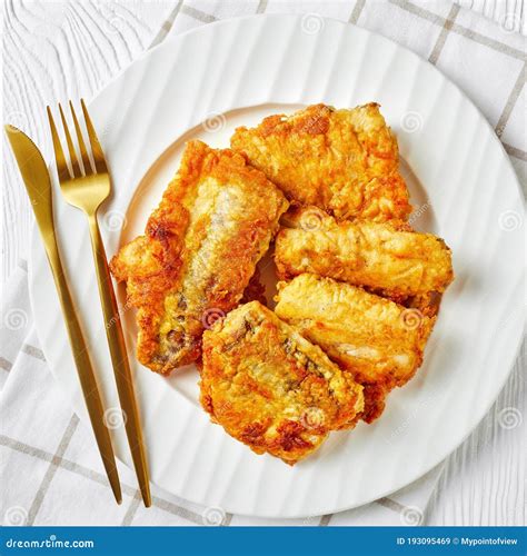 Beer Battered Pan Fried Hake Fish Fillet Close Up Stock Image Image