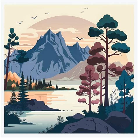 Mesmerizing Mountain Lake Scenery with Lush Trees Flat Vector ...