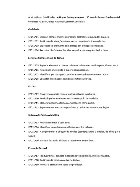 Habilidades De Portugues 1 Ano - Habilidades de Língua Portuguesa - 1º Ano | PDF
