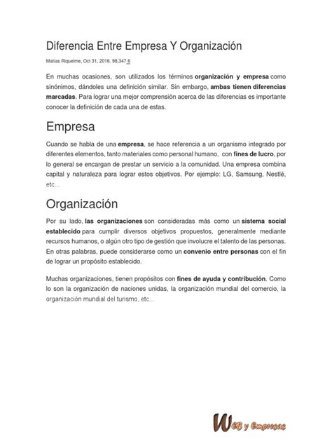 Diferencia Entre Empresa Y Organizacion Pdf Sociedad Economias