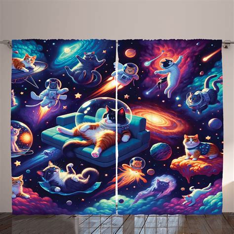 Ambesonne Cat Curtains Panel Set Astronaut Kitties Space Float