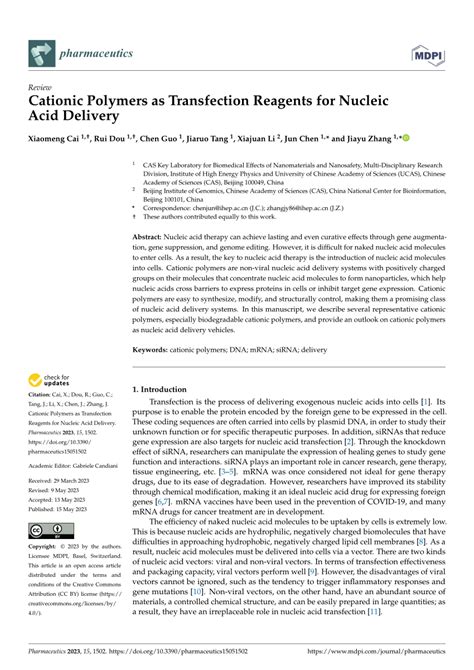 PDF Cationic Polymers As Transfection Reagents For Nucleic Acid Delivery