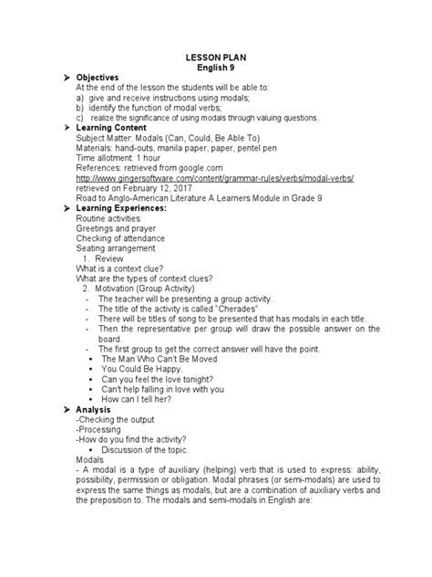 Lesson Plan Modals Can Could Be Able To Pdf Cognitive Science Syntax