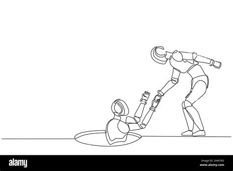 Continuous One Line Drawing Robot Helping His Friend By Take Him Out