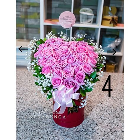 Jual Flower Box Love Shape Bunga Mawar Asli Pot Vas Bulat Kotak Bentuk