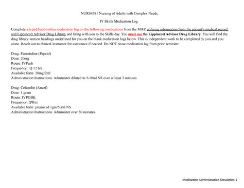 Nurs Ao Iv Skills Patient Medication Log Form And Directions