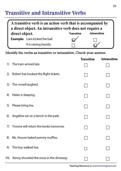 Transitive And Intransitive Verbs Worksheets Transitive And