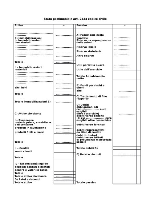 Schemi Del Bilancio Stato Patrimoniale Art Codice Civile Attivo