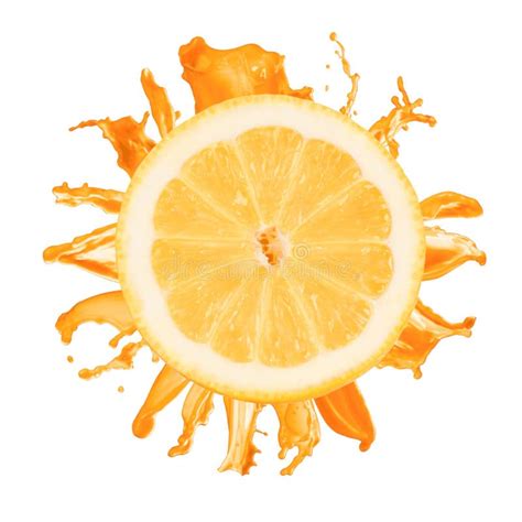 Sliced Lemon Splash With Orange Juice Isolated Stock Photo - Image of ...