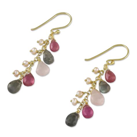 Gold Plated Multi Gemstone Dangle Earrings In Pink Sparkling Cluster