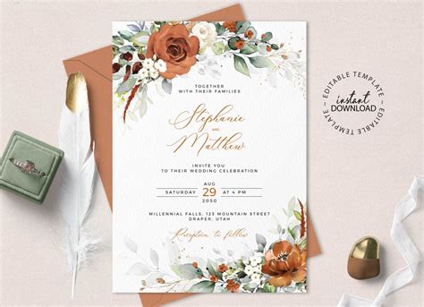 Lyra Editable Burnt Orange Wedding Invitation Template Instant Download Terracotta Floral