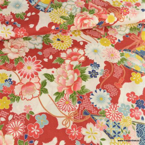 Tissu Kokka Fleurs Et Rambours Japonais Fond Cru Et Rouge Japanese Fan