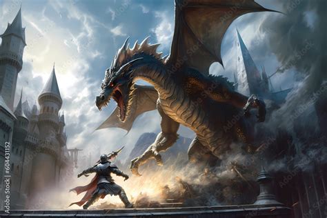 A Dramatic Scene Of A Knight Battling A Monstrous Dragon In A Gothic