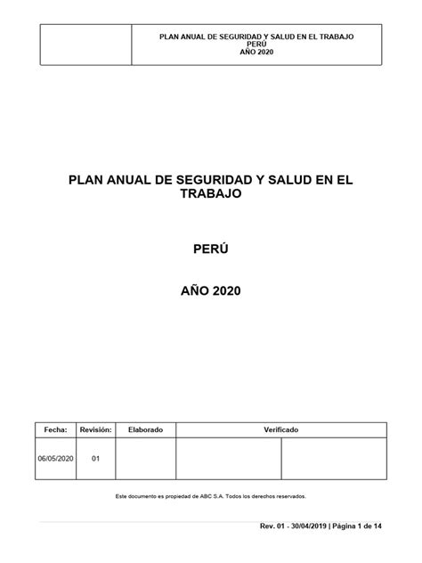 01 Plan Anual De Seguridad Y Salud En El Trabajo 2020 Rev 01 06 Pdf Seguridad Y Salud